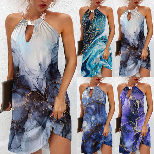 Summer New 2022 Women&#39;s Fashion Sexy Elegant Abstract Casual Ink Printing Vest Dress Loose Sleeveless Floral O-Neck Halter Dress
