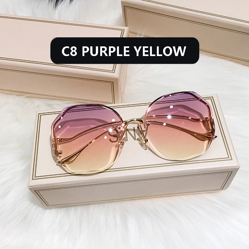 2022 Fashion Tea Gradient Sunglasses Women Ocean Water Cut Trimmed Lens Metal Curved Temples Sun Glasses Female UV400