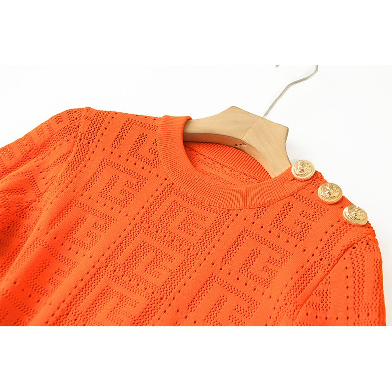 HarleyFashion Women Bodycon Orange Skirt Set Stretchy Knitting See-through Short Tops Sheath Two Piece Sets Ladies