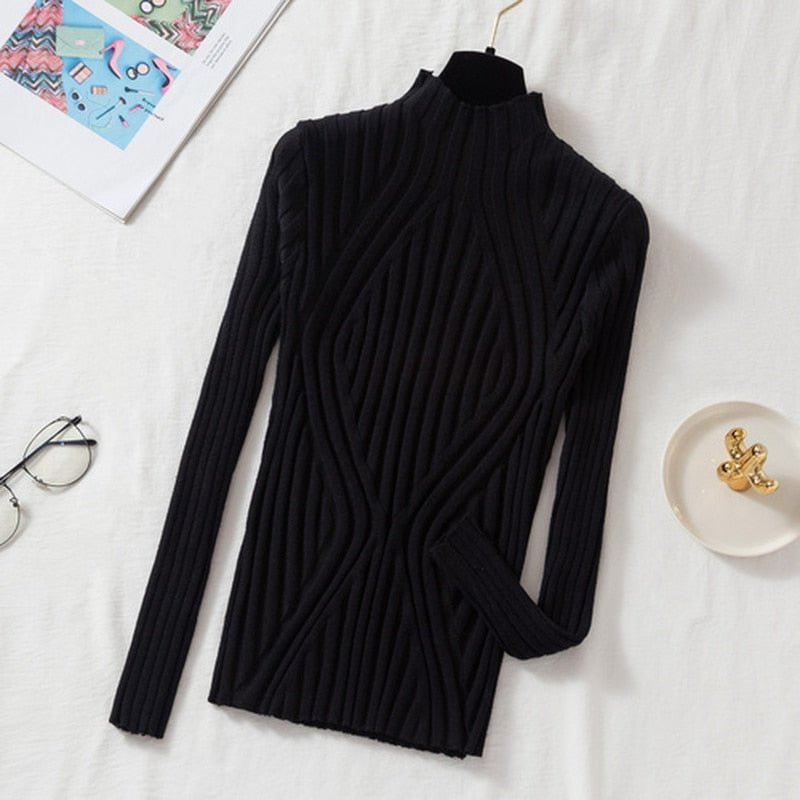 Autumn Knitted Sweater Women 2022 Pullover Long Sleeve Office Lady Jumper Sweater Slim Solid Sweaters Casual Tops New 17041