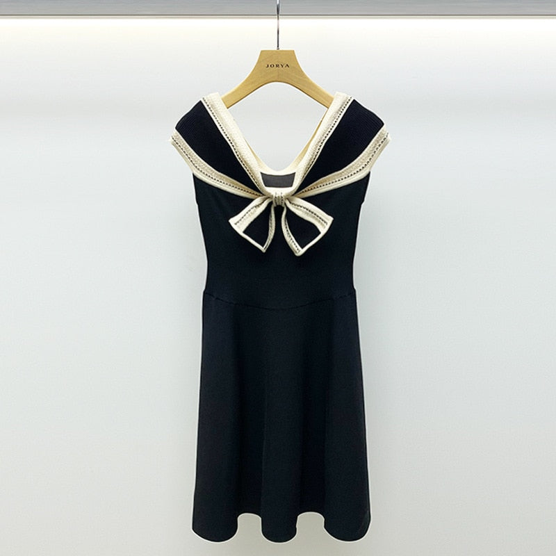 Korean Fashion Clothes Women 2022 Summer Elegant Bow A-line Mini Dress Black Knitted Vestido Feminino