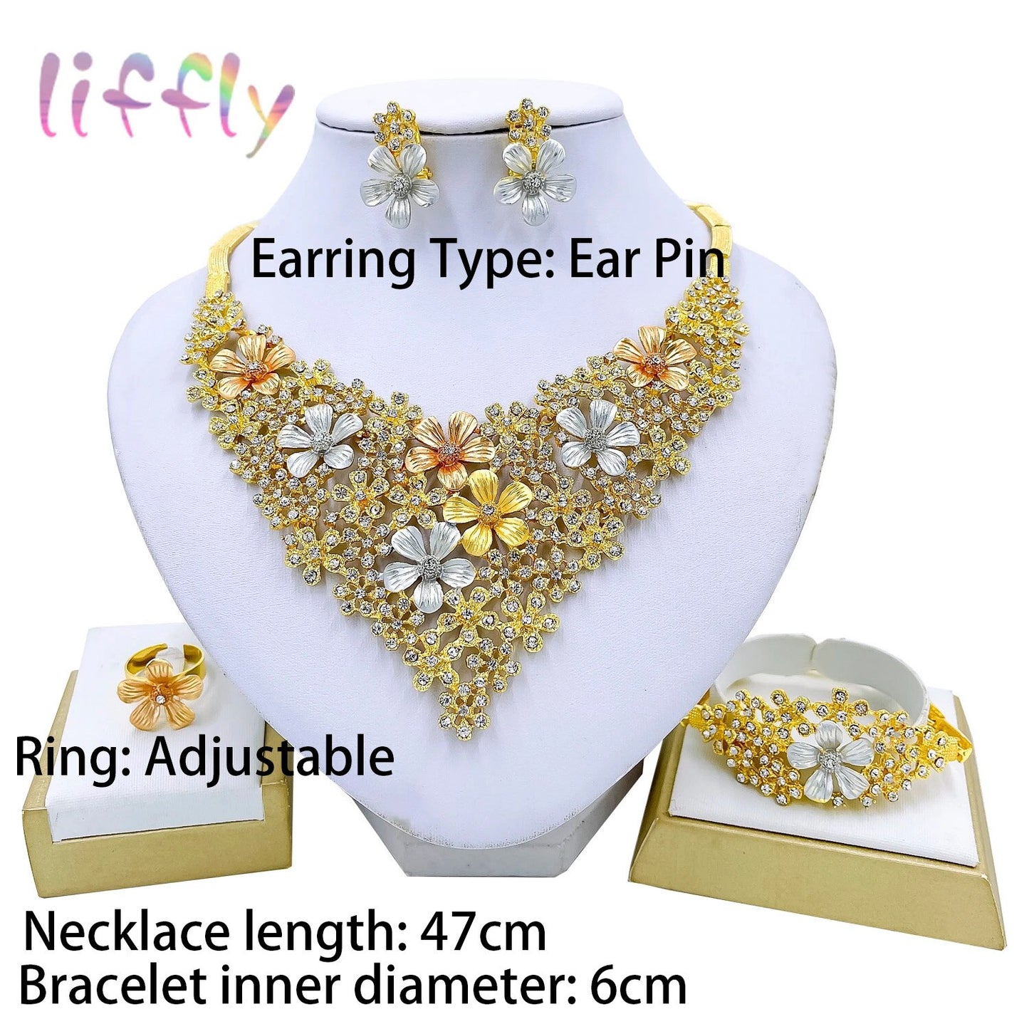 Liffly Dubai Elegant Bridal Wedding Jewelry Flower Necklace Bracelet Earrings Ring African Fashion Jewelry Sets Women Gift