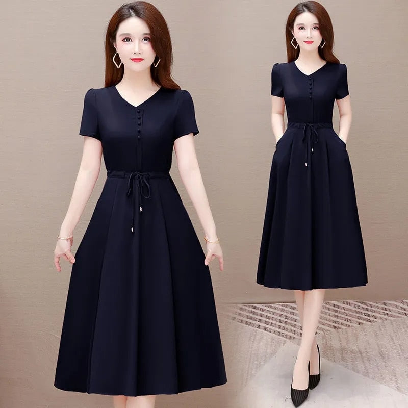 Korean Short Sleeve Midi A-Line Dress Women Summer Fashion Adjustable Waist Casual Dresses Plus Size 5Xl 4Xl Vestidos Elegante