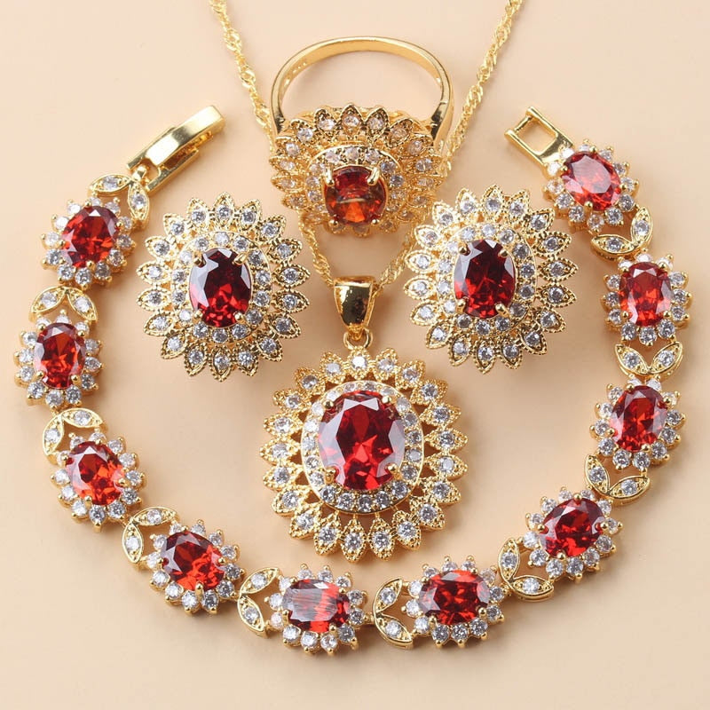 African Wedding Necklace Big Sunflower Jewelry Sets Gold Color Luxury Woman Earrings Charm Bracelet And Ring Bridal Costume
