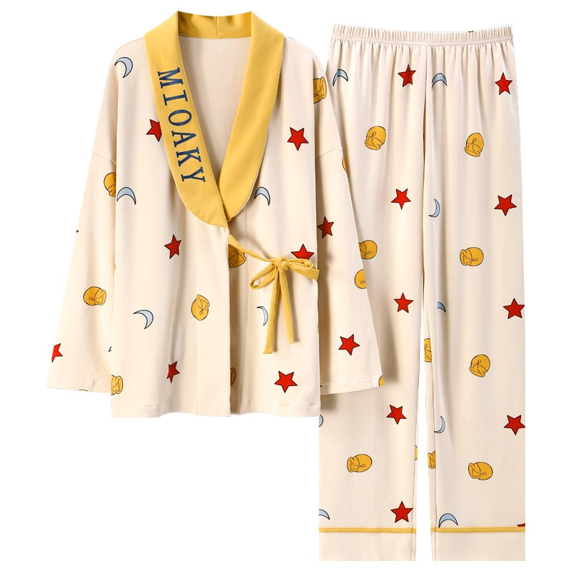 Autumn Winter Women Pyjamas Sets Kimono Bathrobe Style Woman Full Elegant Home Sleepwear Clothing Soft Cotton Women Pajamas Set