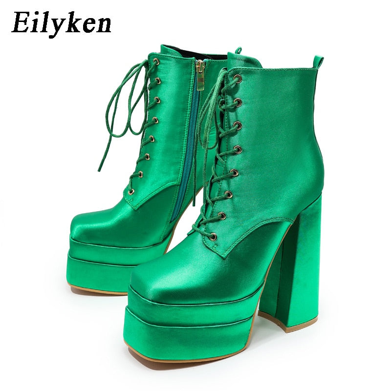 Eilyken Autumn Winter Women Motorcycle Ankle Boots Fashion Platform Wedges Satin High Heels  Female Party Prom Chunky Shoes