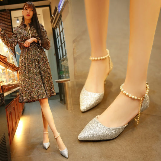 Comemore 2022 Trend Pointed Toe Wedding Bride High Heels Shoes Female Low Small Heel Sandals Party Mules Gold Silver Women Pumps