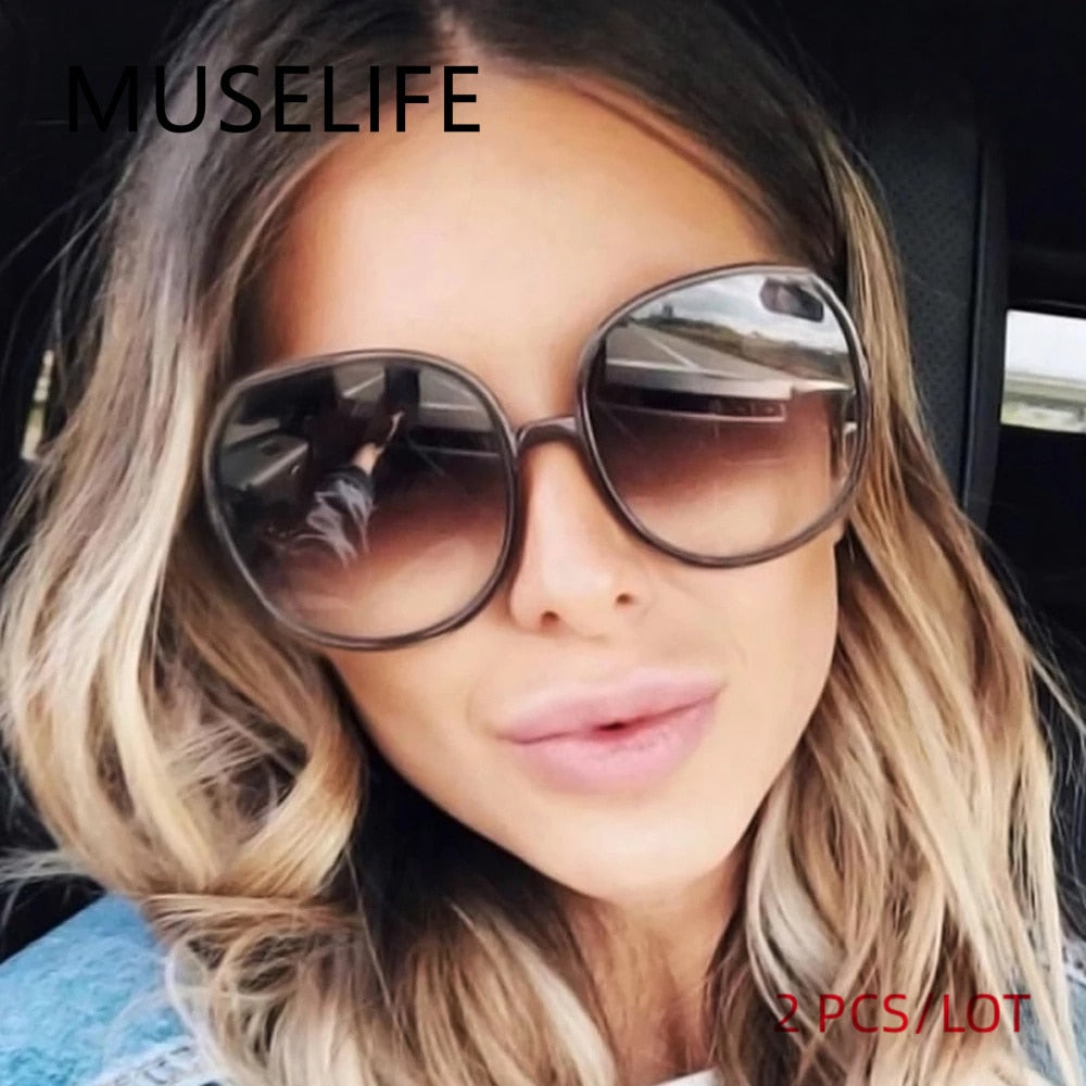 New Round Frame Sunglasses Women Retro Brand Designer Brown Black Oversized Lady Sun Glasses Female Fashion Outdoor Driving