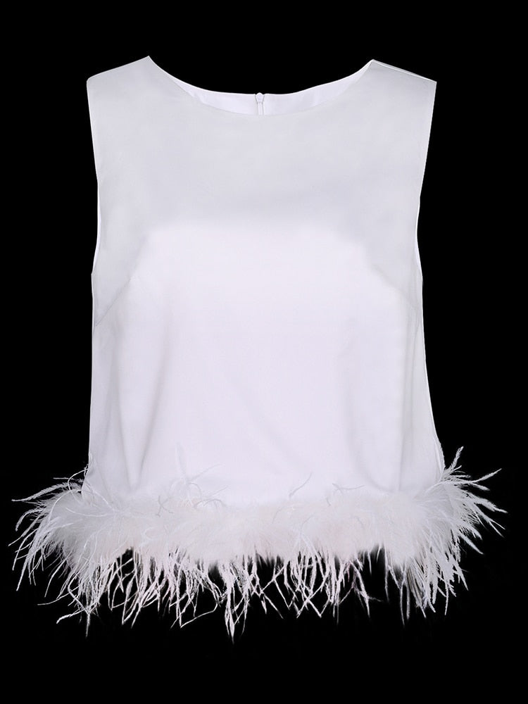 HIGH QUALITY Newest Fashion 2022 Runway Designer Top Camis Women's Back Zipper Sleeveless Stitching Feather Vest T-Shirt Top