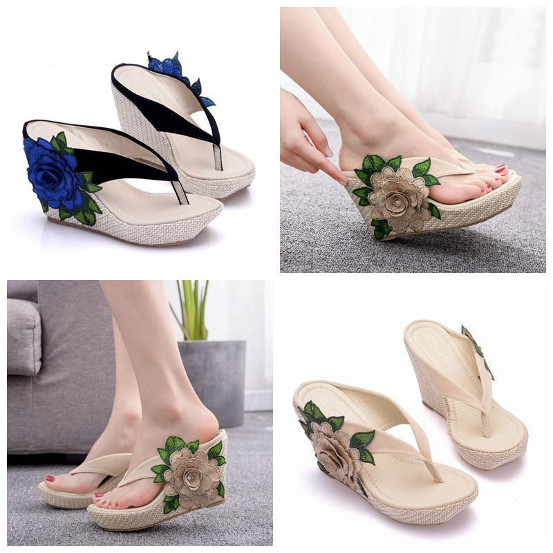 Summer Shoes for Women 2022 Fashion Platform Wedge Sandals Outdoor Women Height Increase Embroidered Flower Flip Flops Slippers