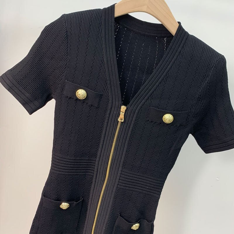 Luxury Gold Buttons Knitted Dresses for Women 2022 Summer Korean Fashion Zipper Slim Dress White Black Vestido Feminino